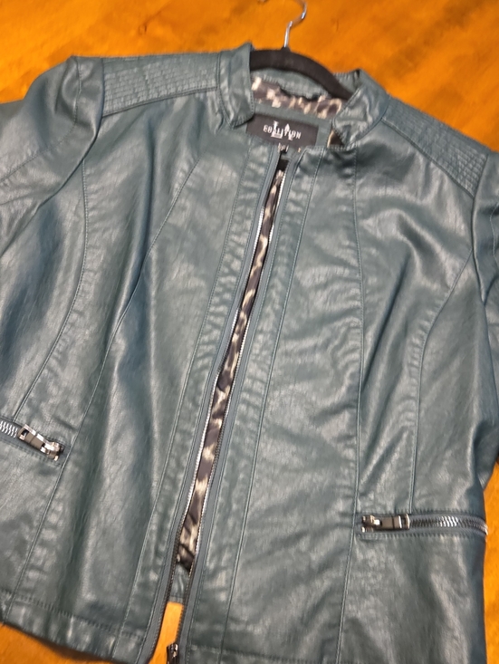 La Coalition Jackets & Blazers - Dark Green Faux Leather Moto Jacket with Zipper Details